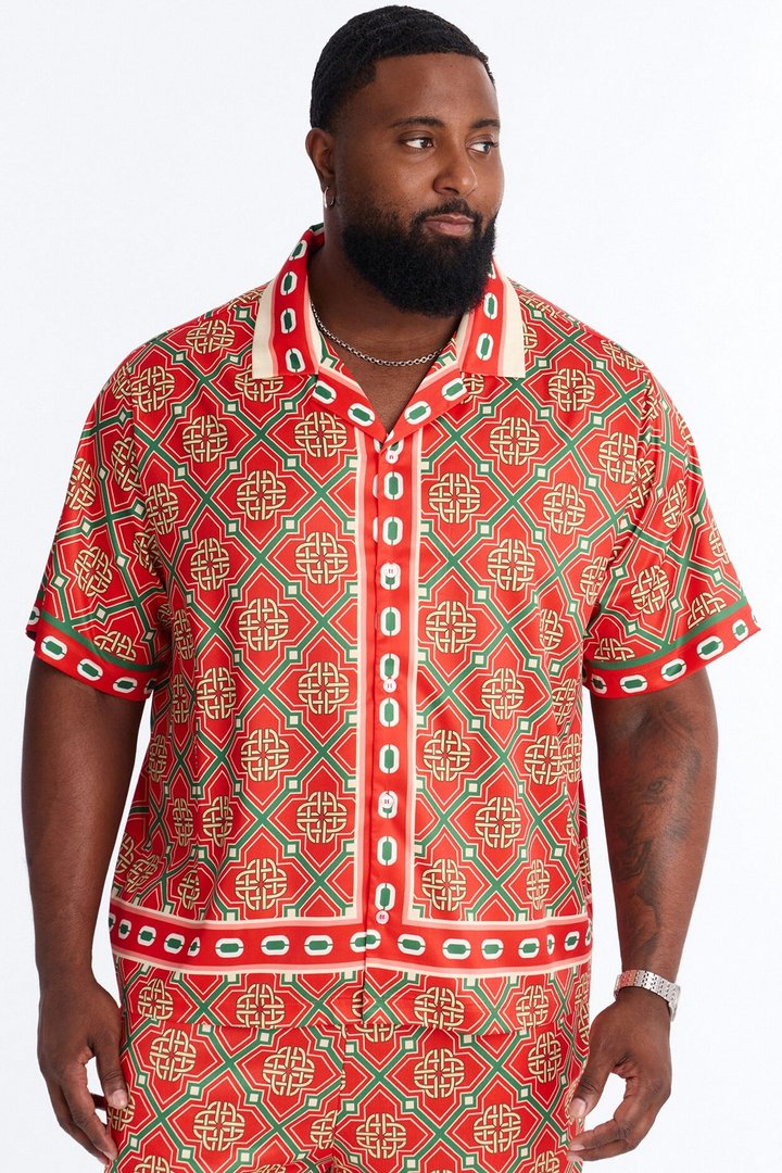 Royal Geometric Cuban Collar Button Up Shirt - Red/combo