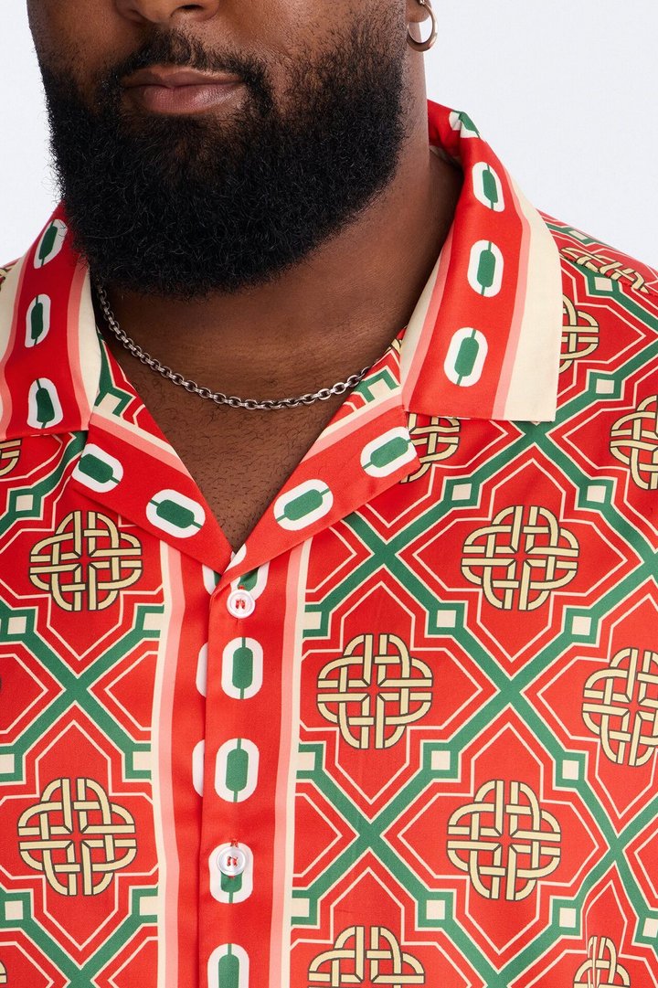 Royal Geometric Cuban Collar Button Up Shirt - Red/combo