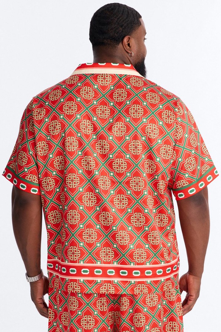Royal Geometric Cuban Collar Button Up Shirt - Red/combo