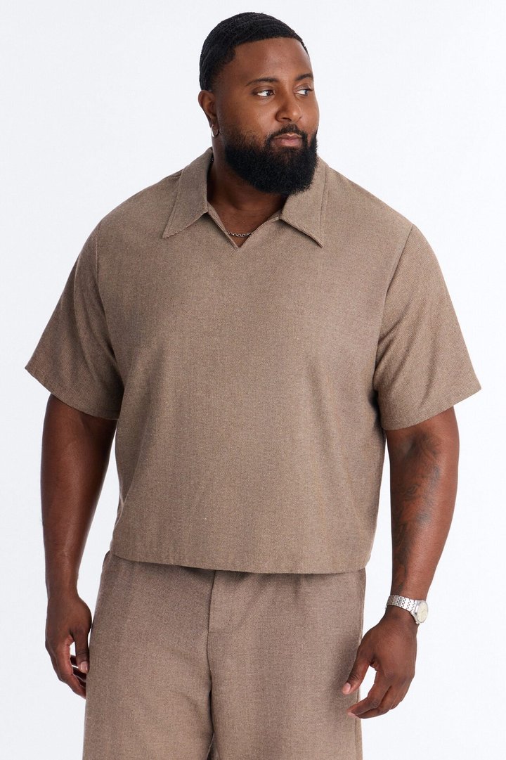 Maison Tailored Textured Boxy Cropped Polo - Brown