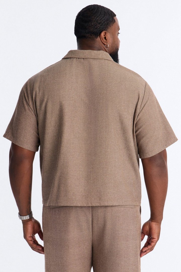 Maison Tailored Textured Boxy Cropped Polo - Brown