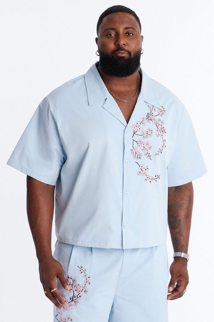 Haru Fade Stripe Cuban Collar Button Up Shirt - Light Blue