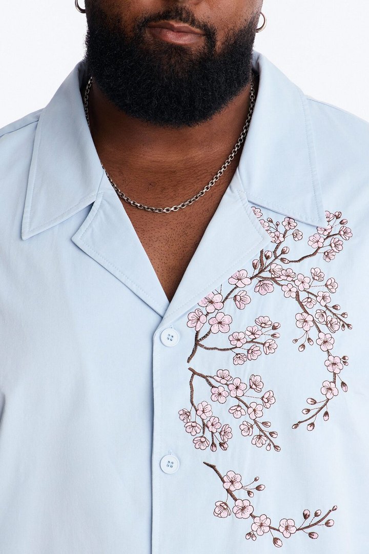 Haru Fade Stripe Cuban Collar Button Up Shirt - Light Blue