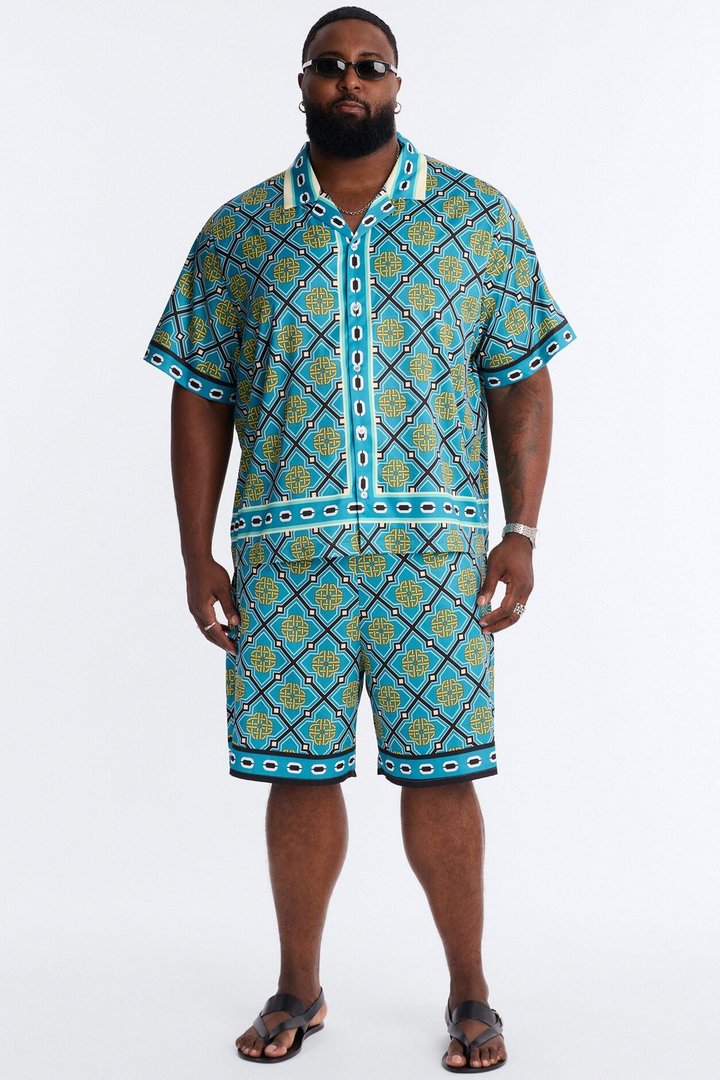 Royal Geometric Cuban Collar Button Up Shirt - Teal