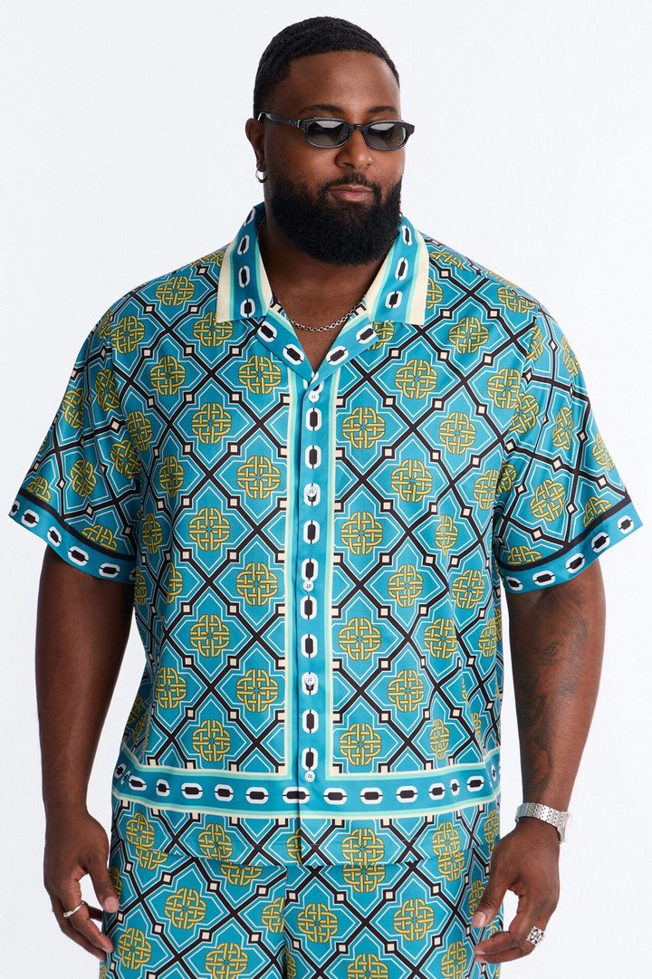 Royal Geometric Cuban Collar Button Up Shirt - Teal