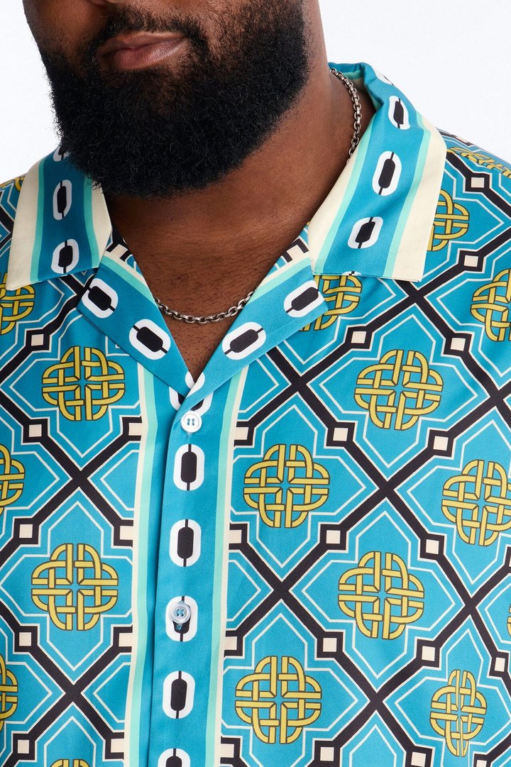 Royal Geometric Cuban Collar Button Up Shirt - Teal