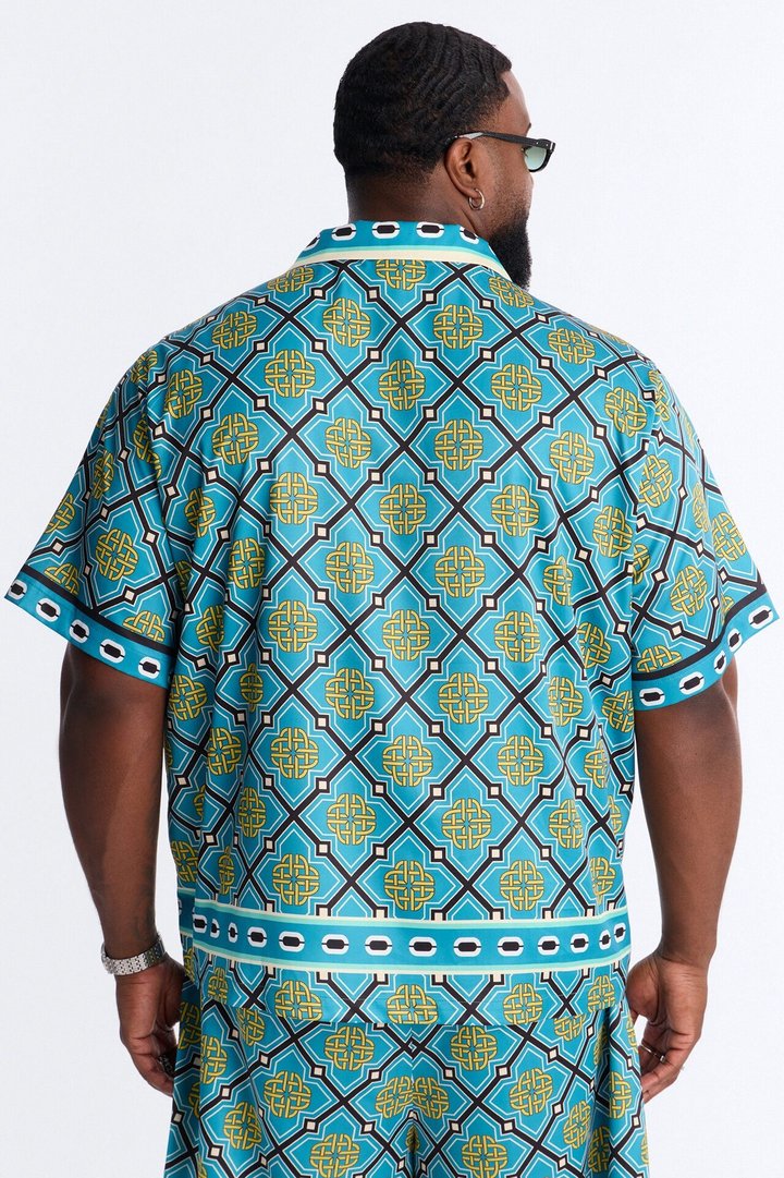 Royal Geometric Cuban Collar Button Up Shirt - Teal