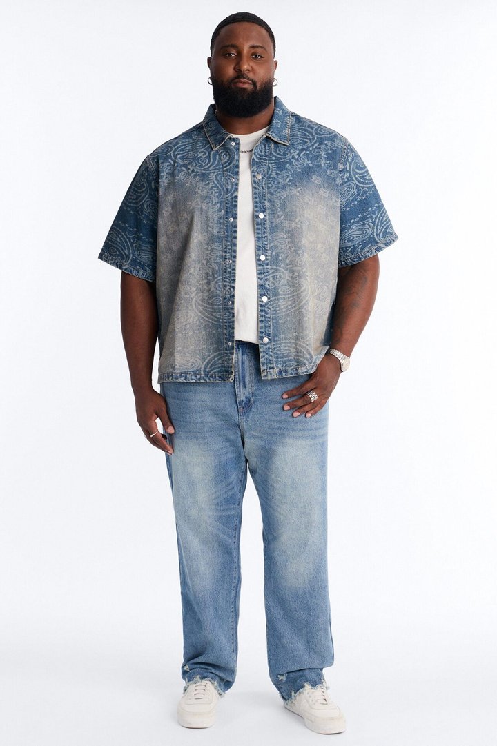 Cropped Paisley Last Denim Button Up Shirt - Medium Blue Wash