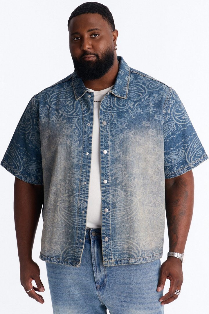 Cropped Paisley Last Denim Button Up Shirt - Medium Blue Wash