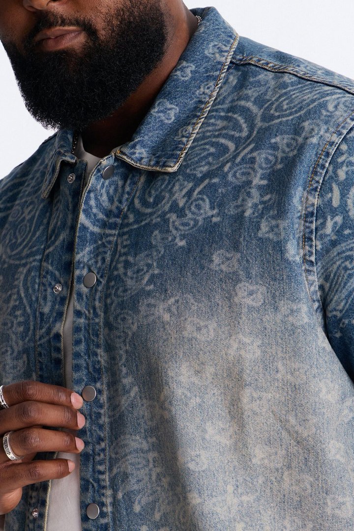 Cropped Paisley Last Denim Button Up Shirt - Medium Blue Wash