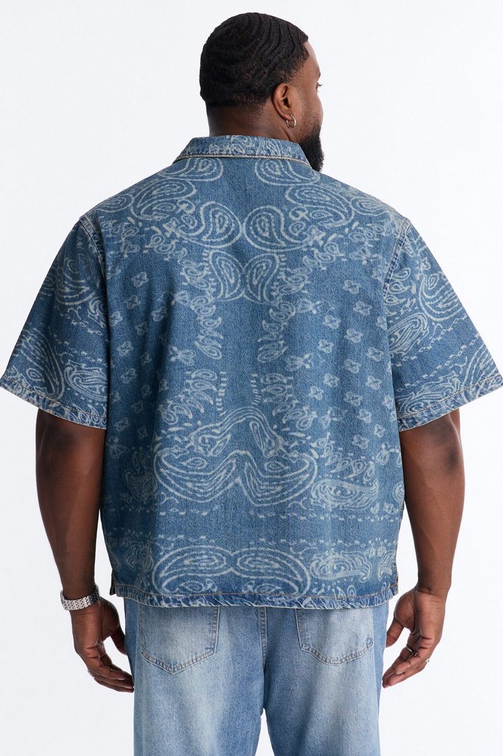 Cropped Paisley Last Denim Button Up Shirt - Medium Blue Wash
