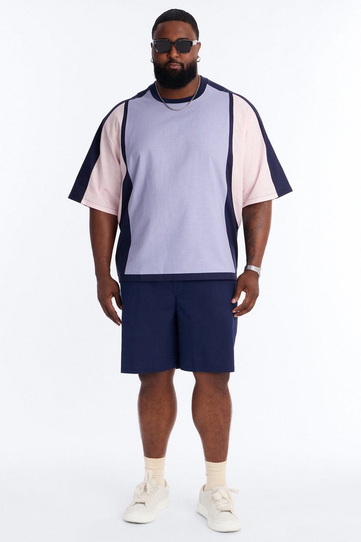 Basic Color Block Short Sleeve Tee - Purple/combo