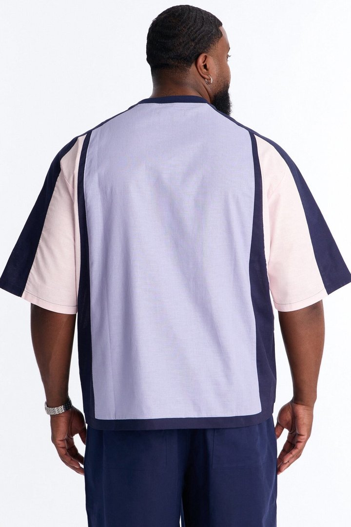 Basic Color Block Short Sleeve Tee - Purple/combo