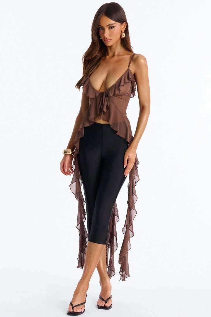 Soft Flutter Mesh Ruffle Tank Top - Brown
