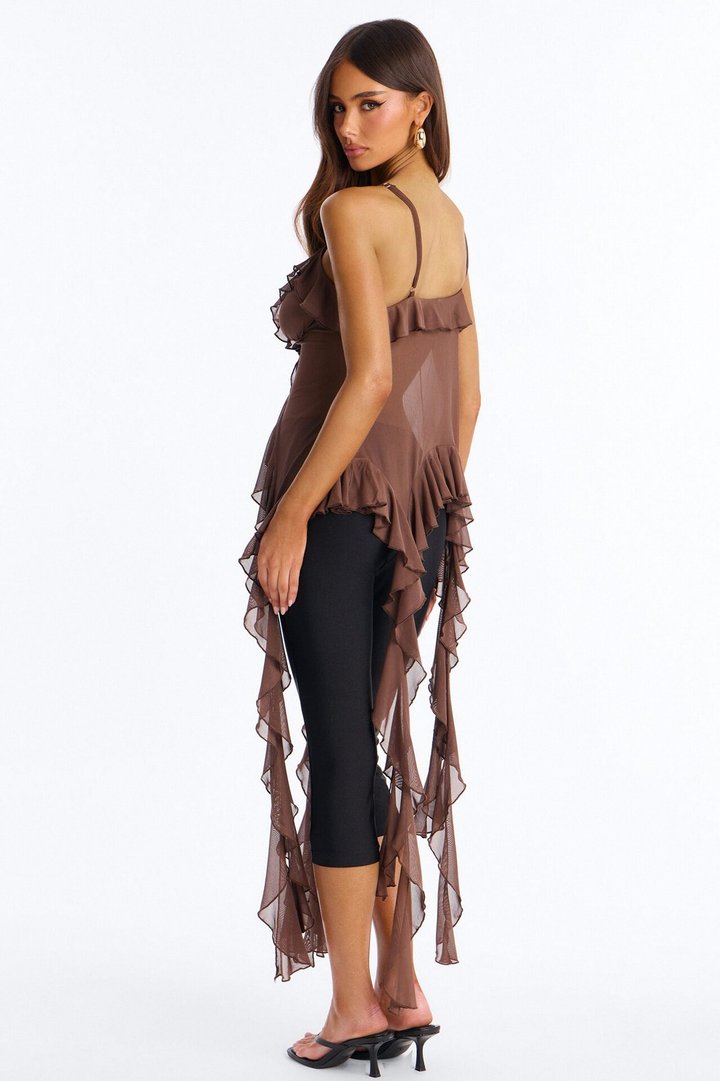 Soft Flutter Mesh Ruffle Tank Top - Brown