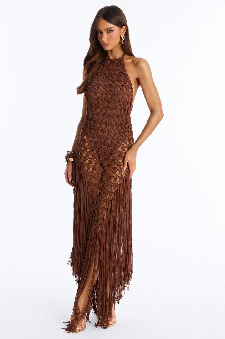 Heatwave Fringe Crochet Maxi Dress - Chocolate