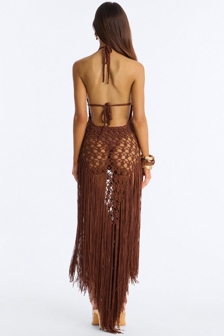 Heatwave Fringe Crochet Maxi Dress - Chocolate