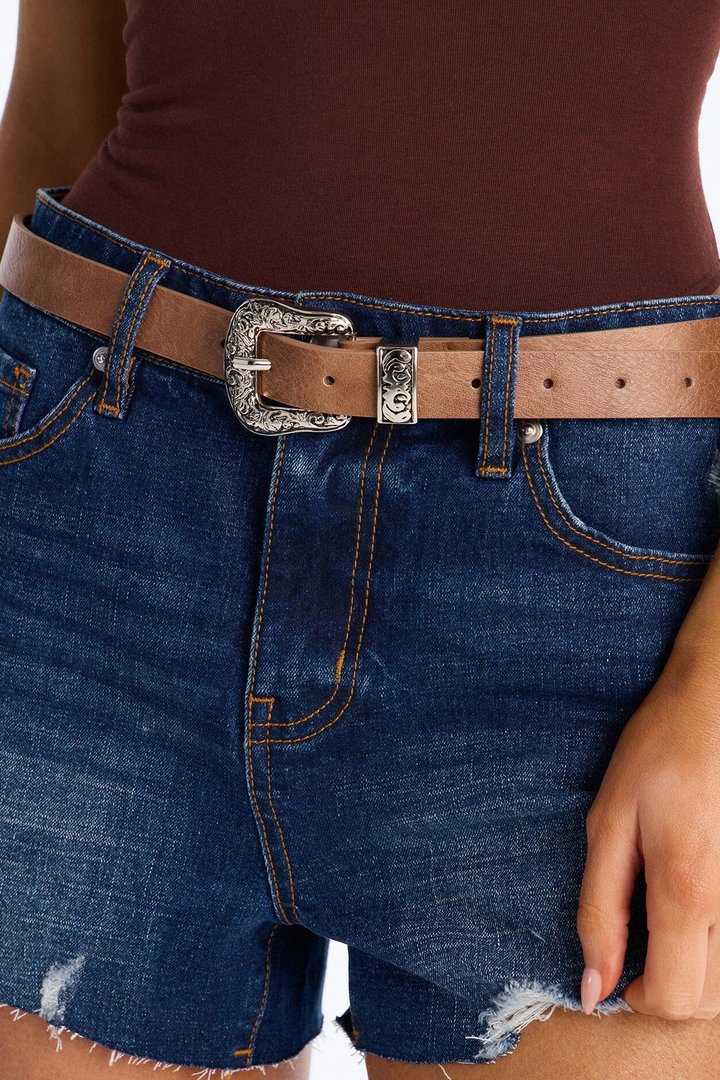 Frontier Cutie Faux Leather Belt - Silver/Brown