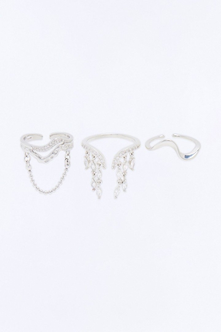Rhinestone Waterfall 3 Piece Ring Set - Silver
