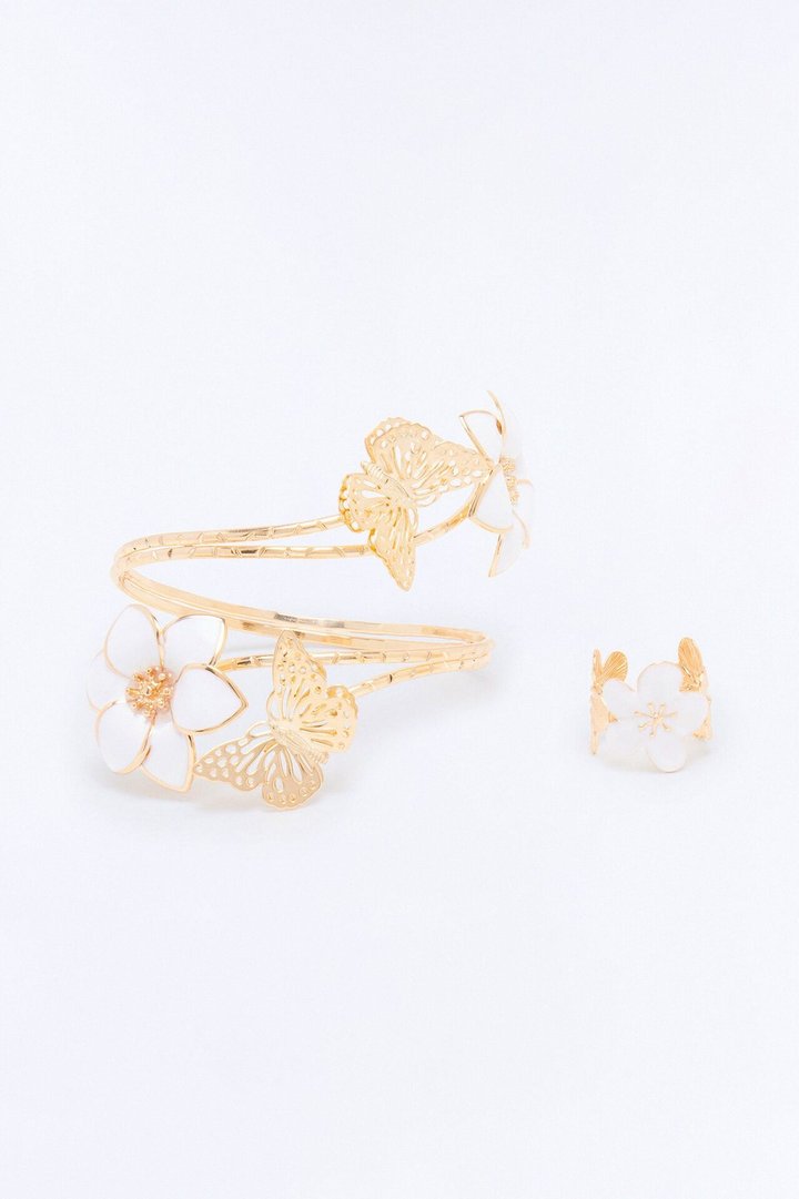 Summer Soiree Arm Cuff And Ring Set - White/Gold