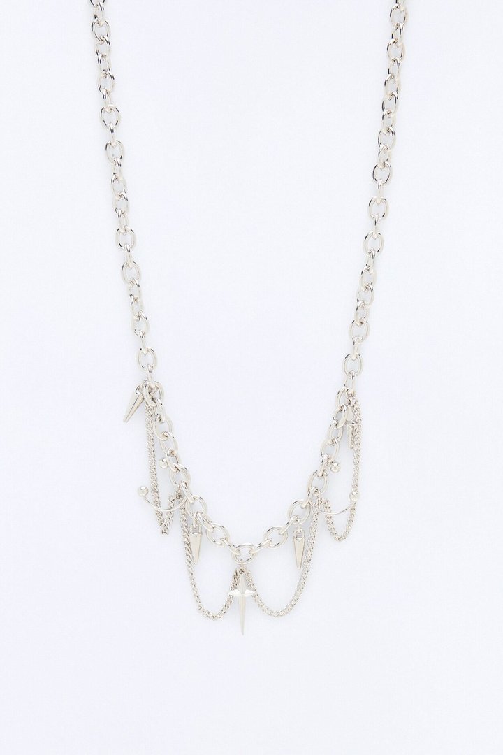 Edgy Draped Spike Chain Necklace - Silver