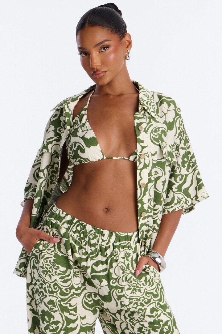 Urban Jungle Linen 3 Piece Pant Set - Green/combo