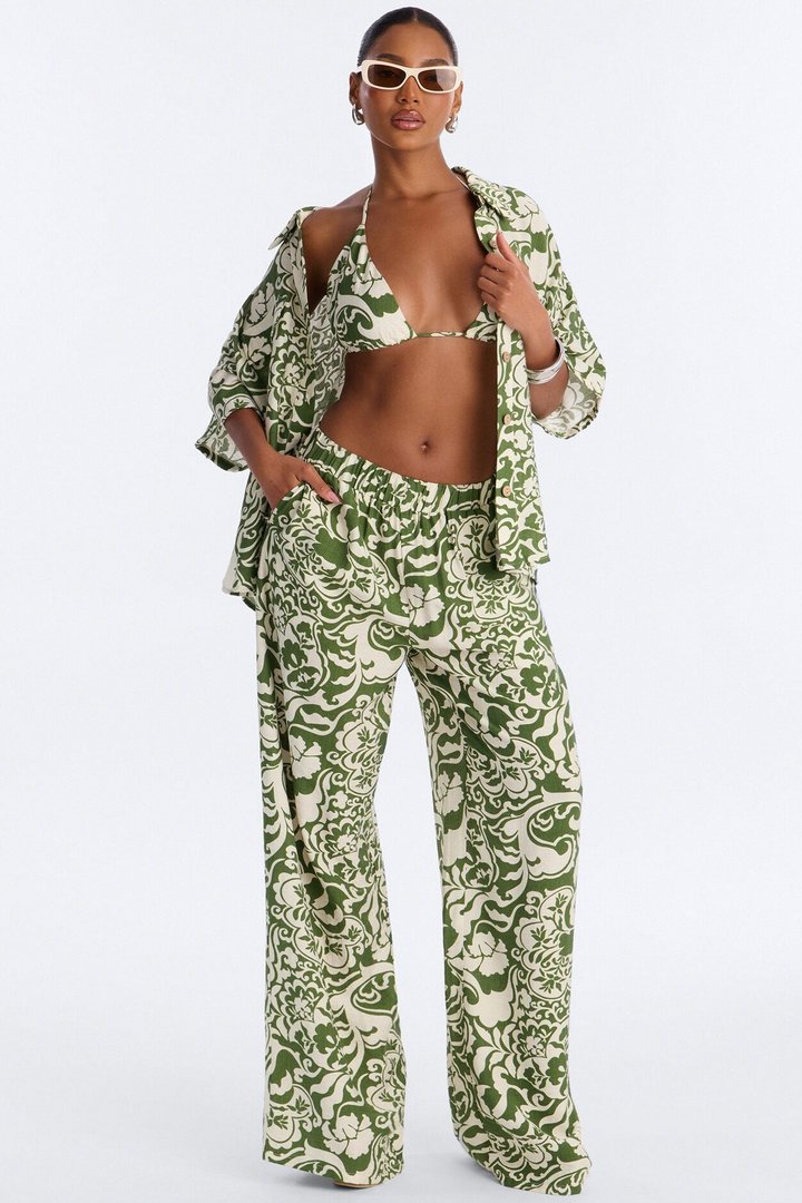 Urban Jungle Linen 3 Piece Pant Set - Green/combo