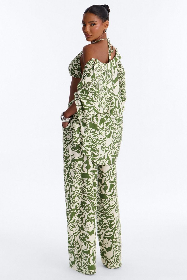 Urban Jungle Linen 3 Piece Pant Set - Green/combo