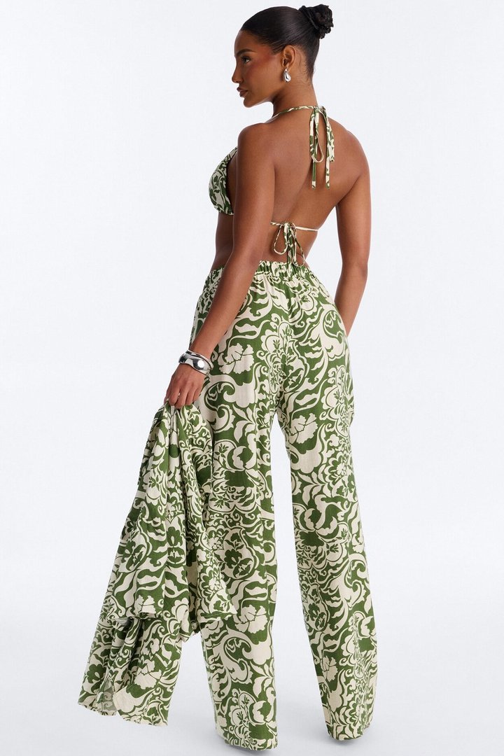 Urban Jungle Linen 3 Piece Pant Set - Green/combo