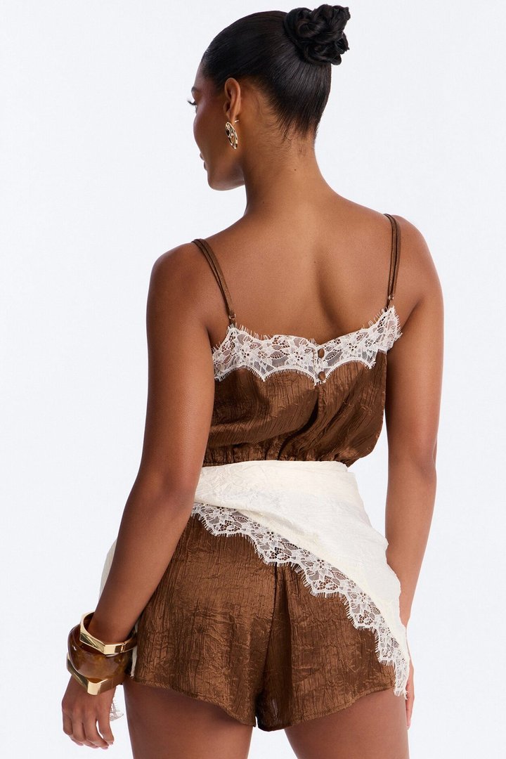 Cara Lace Trim Waist Scarf Romper - Chocolate