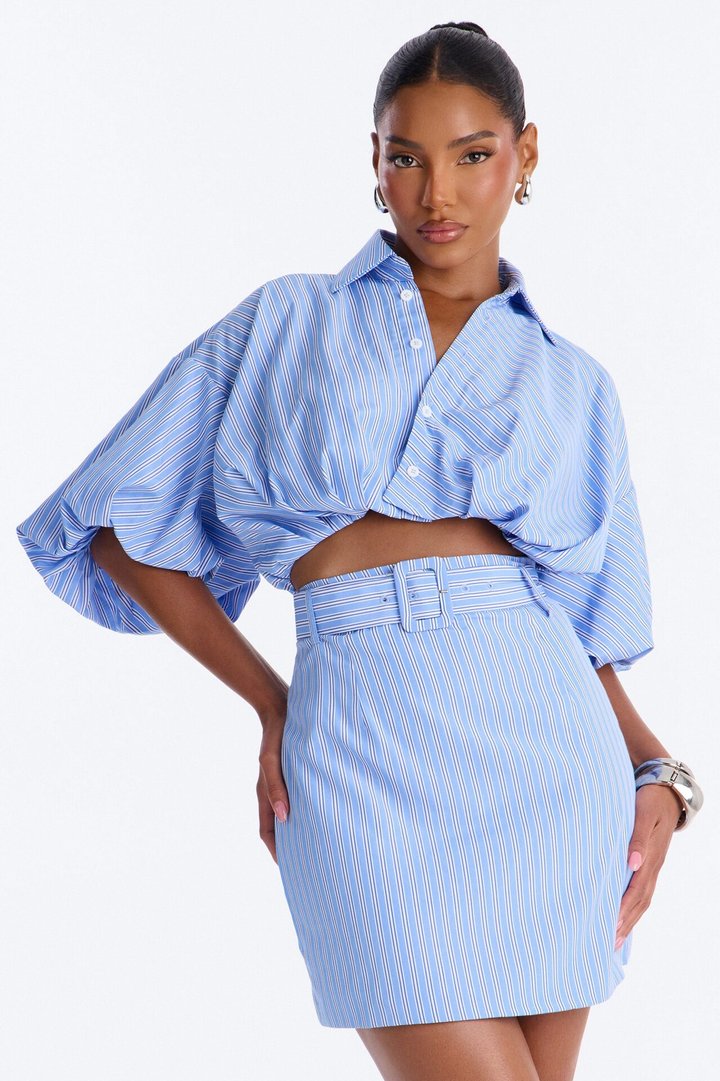 Get In Line Belted Poplin Mini Dress - Blue