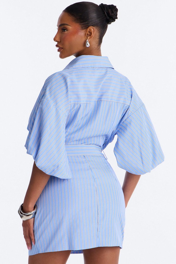 Get In Line Belted Poplin Mini Dress - Blue
