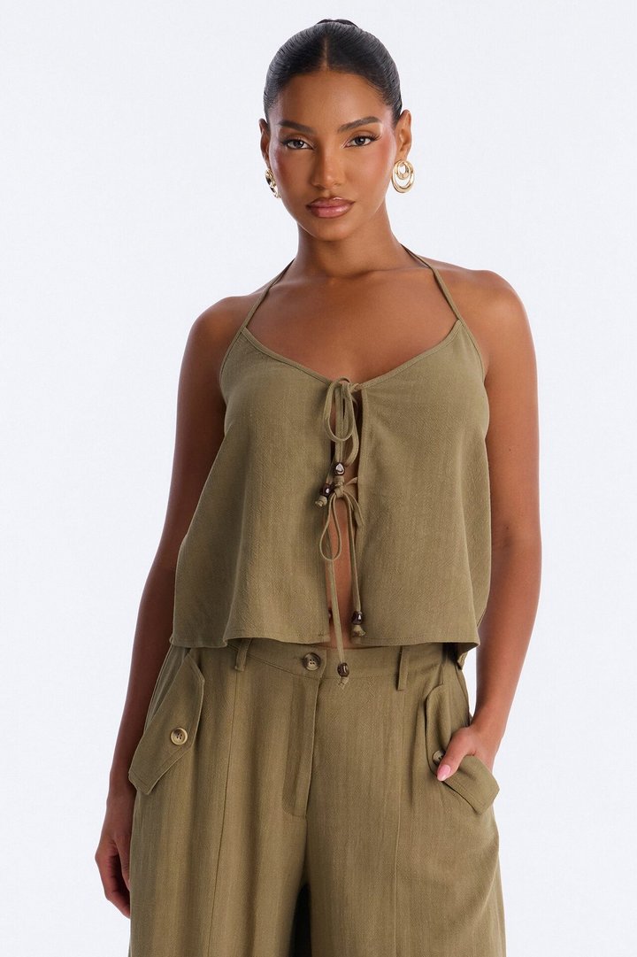 Bianca Linen Tie Halter Pant Set - Olive