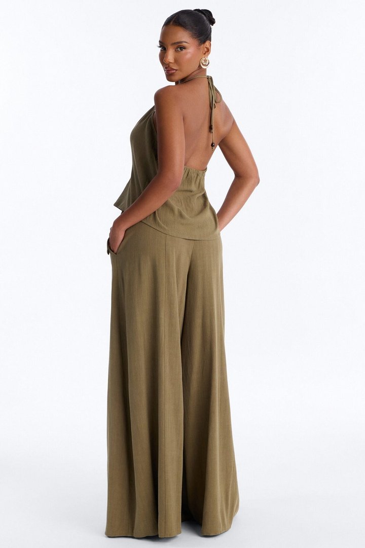 Bianca Linen Tie Halter Pant Set - Olive