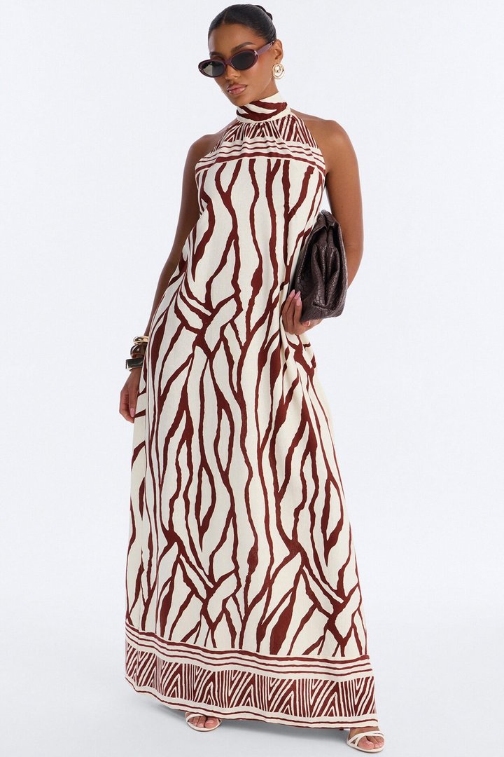 Jazlyn Printed Linen Maxi Dress - Brown/combo