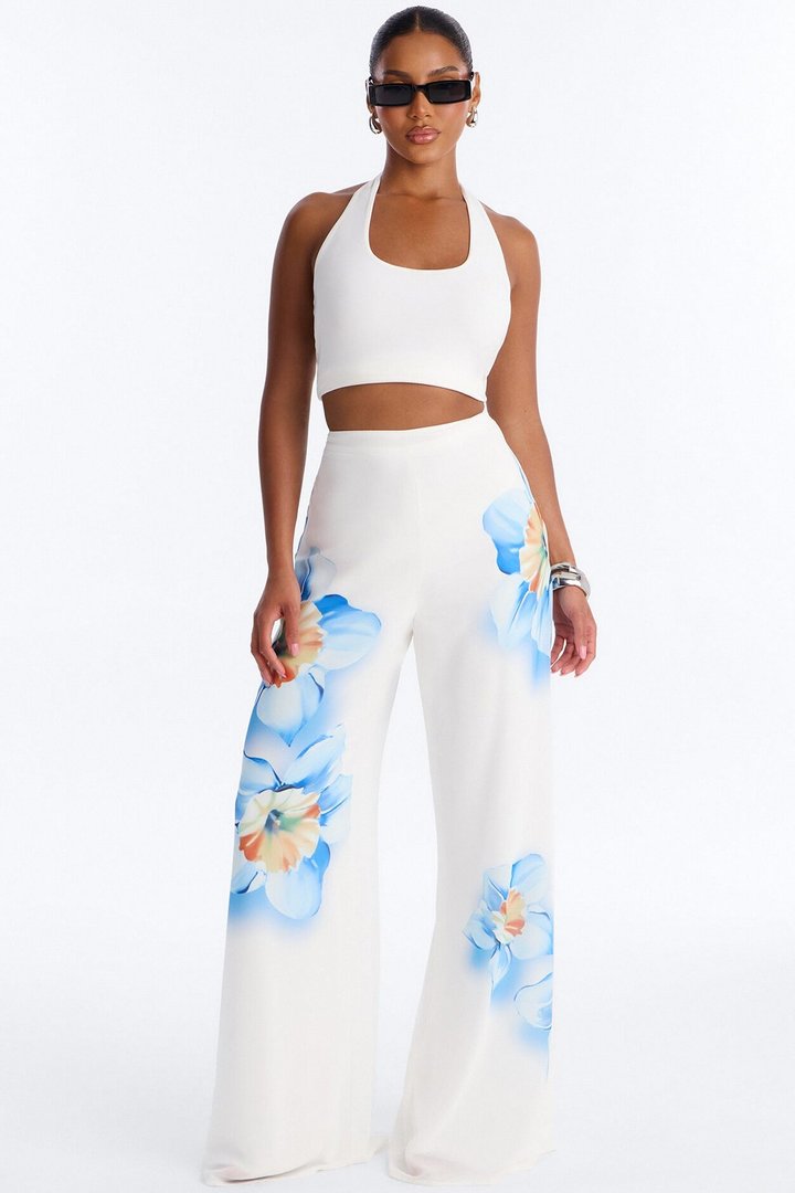 Kelly High Rise Floral Print Wide Leg Pant - White/combo
