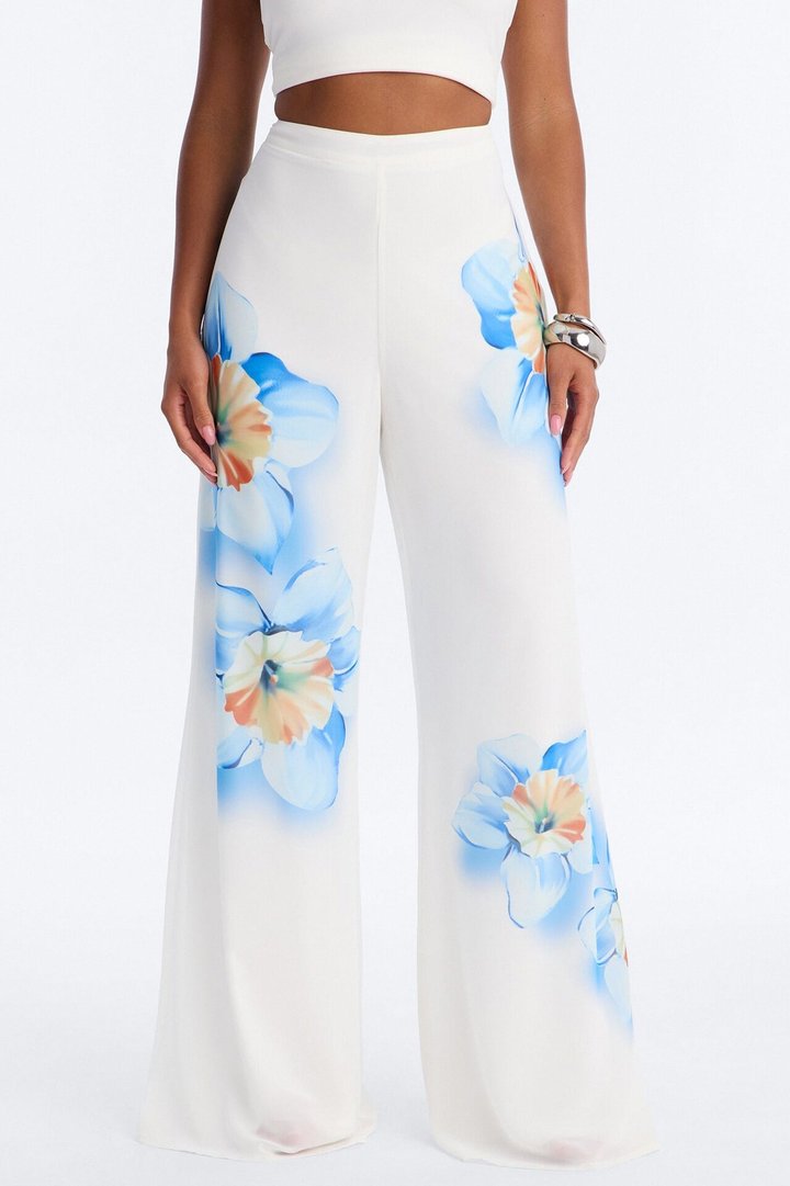Kelly High Rise Floral Print Wide Leg Pant - White/combo