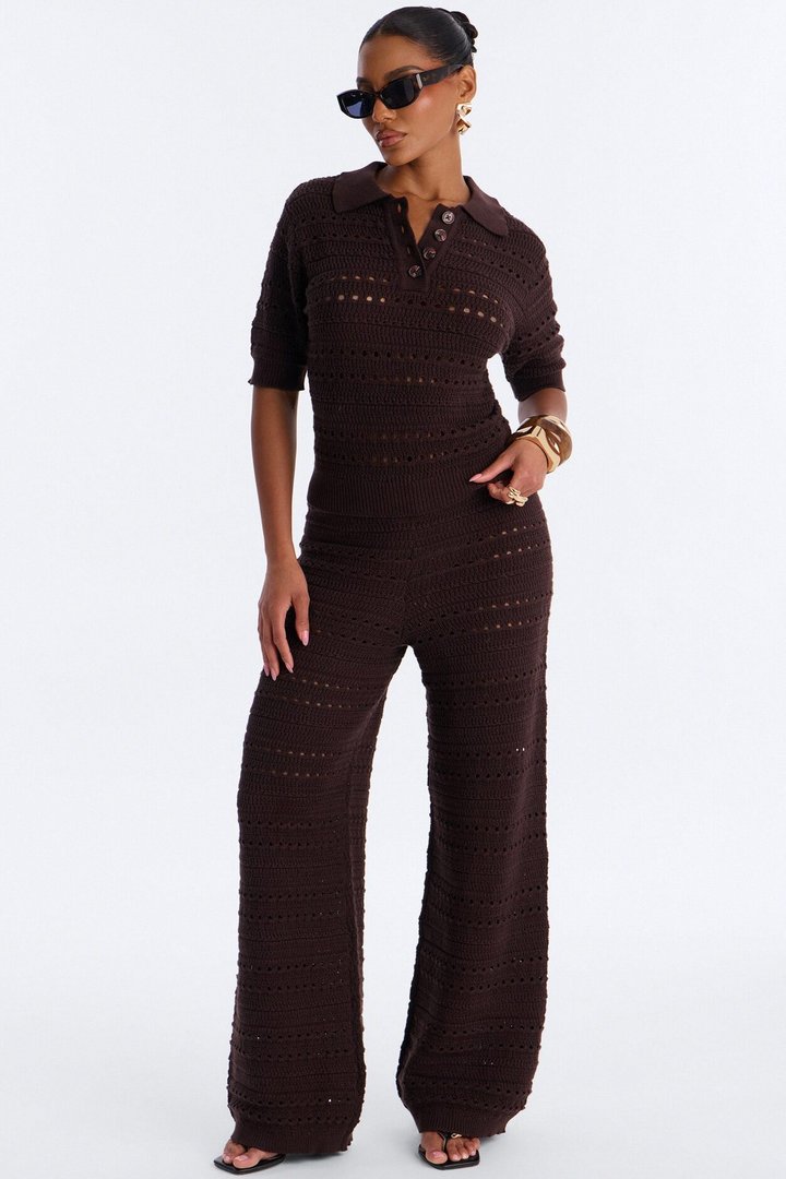 Riley Polo Crochet Pant Set - Chocolate