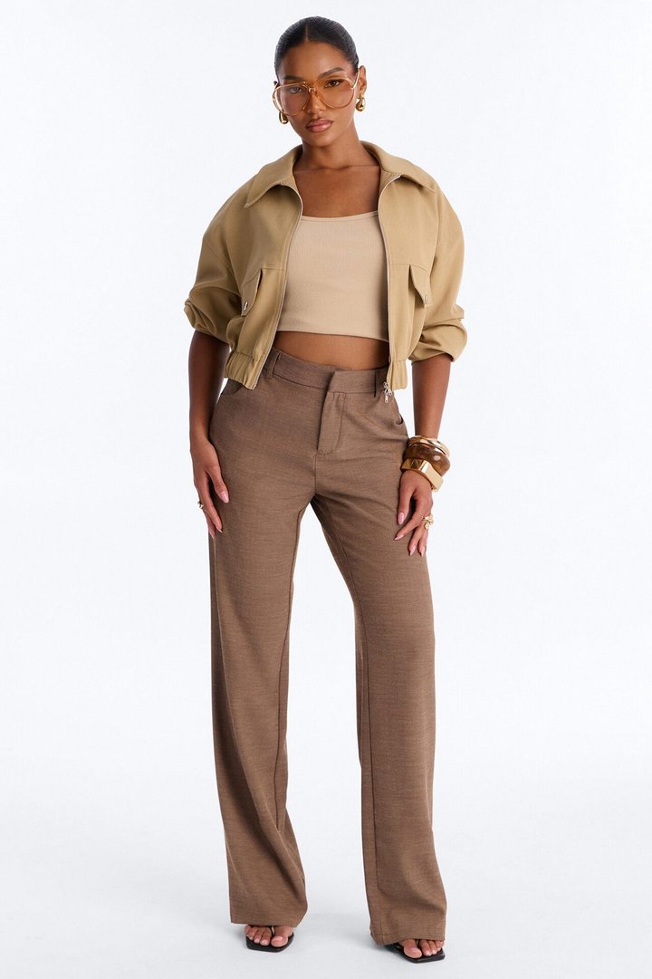 Stacy Low Rise Straight Leg Linen Trouser - Brown