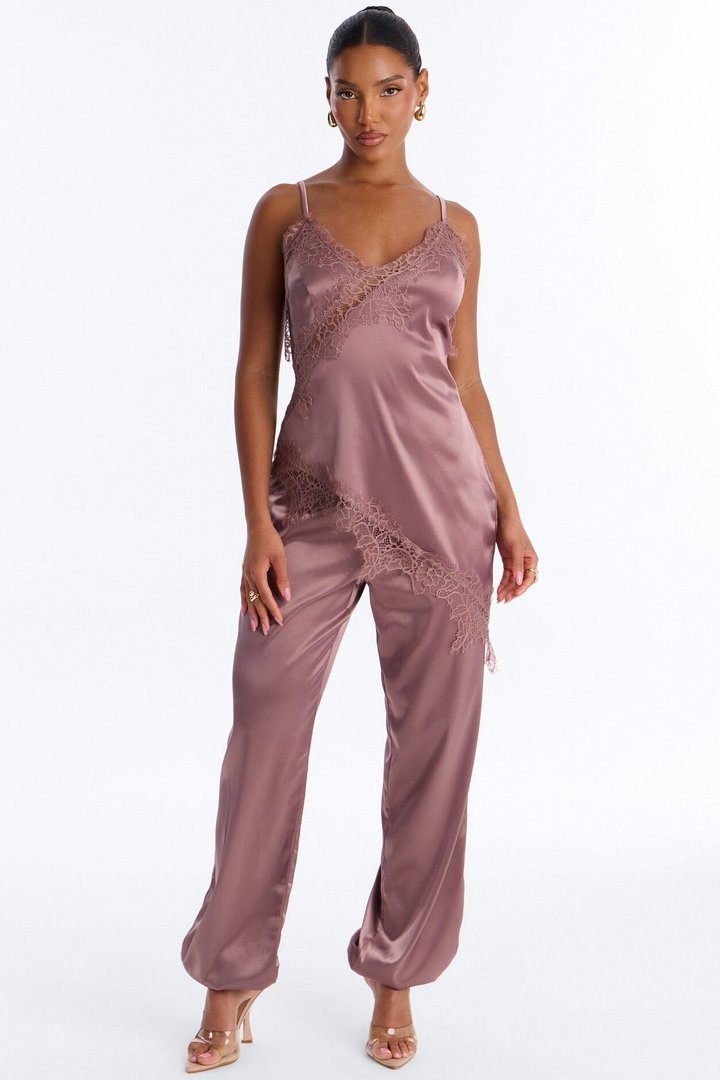 Lea Lace Trim Satin Jumpsuit - Brown