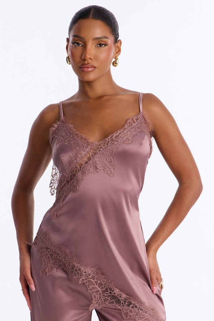 Lea Lace Trim Satin Jumpsuit - Brown