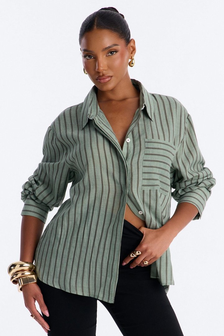 Wishing For It Striped Linen Shirt - Green/combo