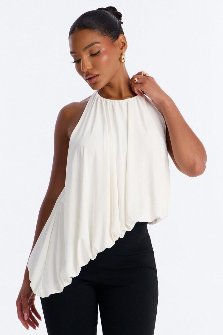 Selena Ruched Asymmetrical Halter Top - White