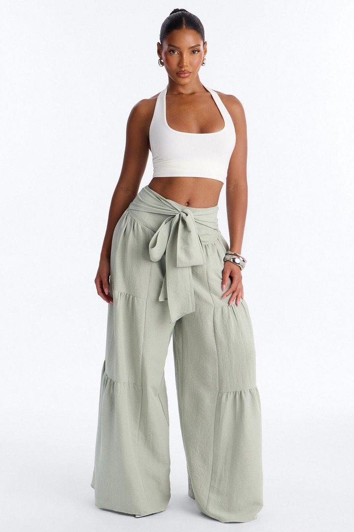 Tatiana Tiered Wide Leg Tie Waist Pant - Sage