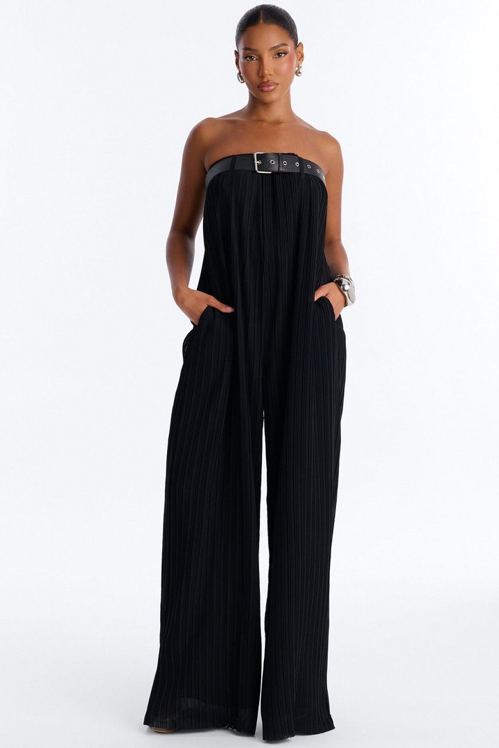 Paloma Chiffon Belted Wide Leg Jumpsuit - Black