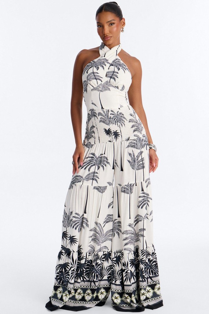 Trissa Tropical Halter Jumpsuit - Navy
