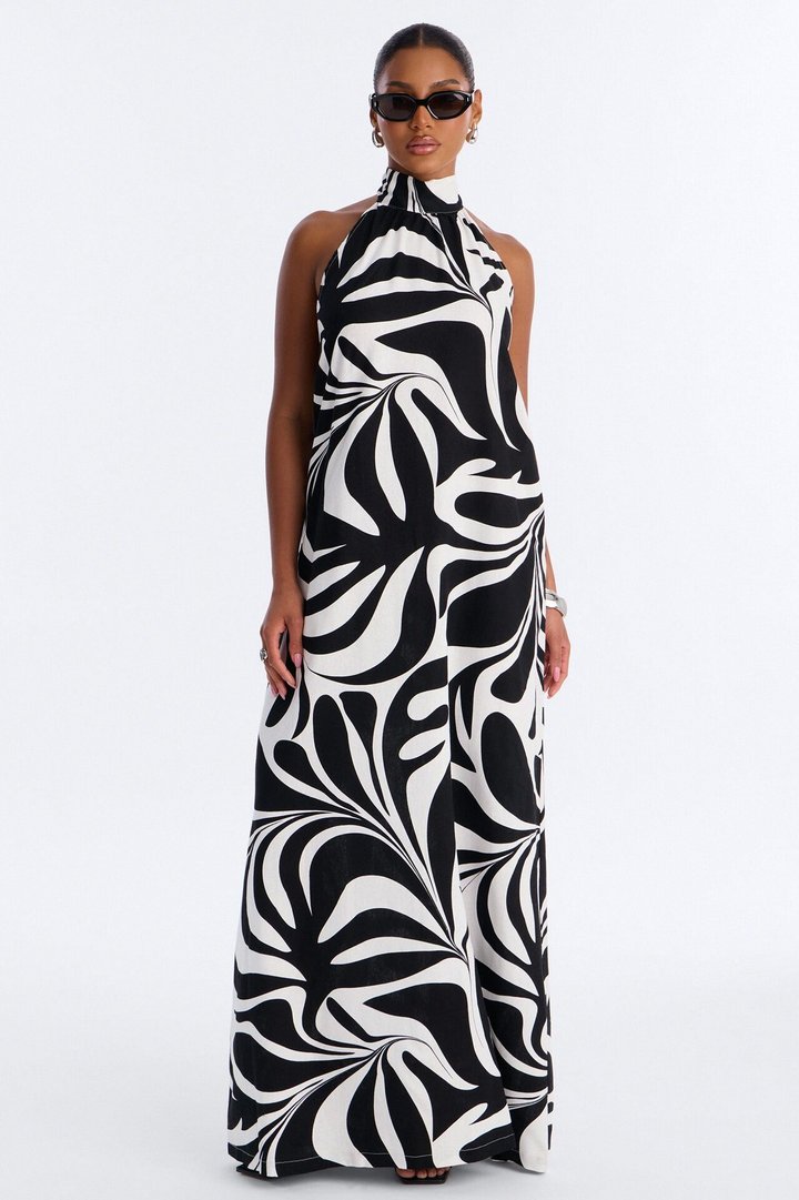 Jazlyn Printed Linen Maxi Dress - Black/combo
