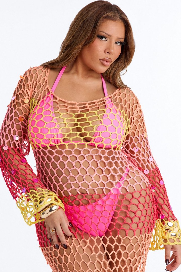 Something New Long Sleeve Maxi Coverup - Pink/combo