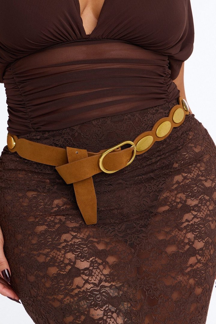 Soft And Hard Faux Suede Belt - Gold/Brown
