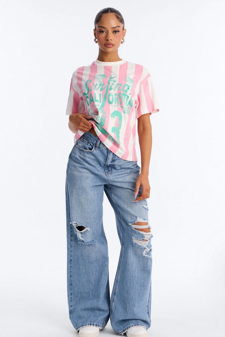 Surfing In California Stripe T Shirt - Pink/combo